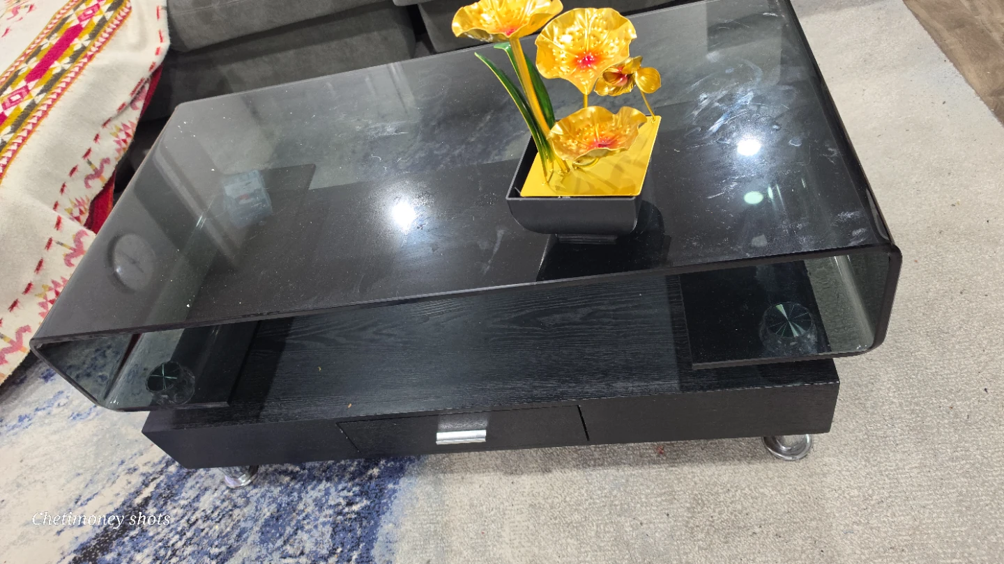 Modern Black Glass Coffee Table with Drawer