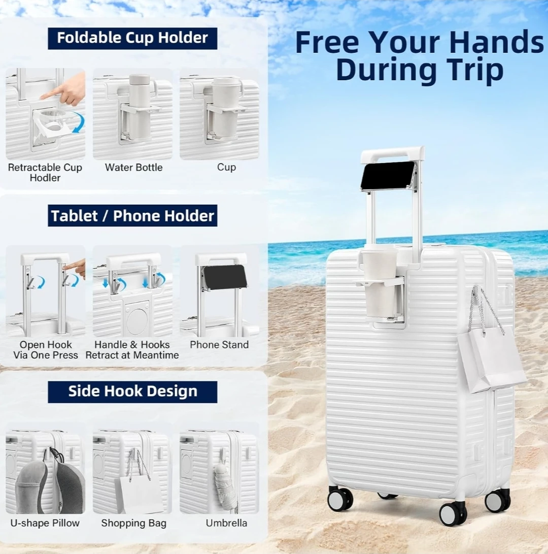 White hard-shell carry-on luggage with cup holder - photo 3