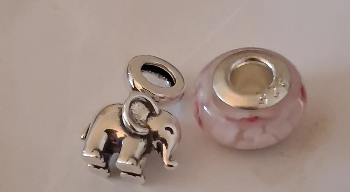 Silver Elephant and Pink Glass Charms