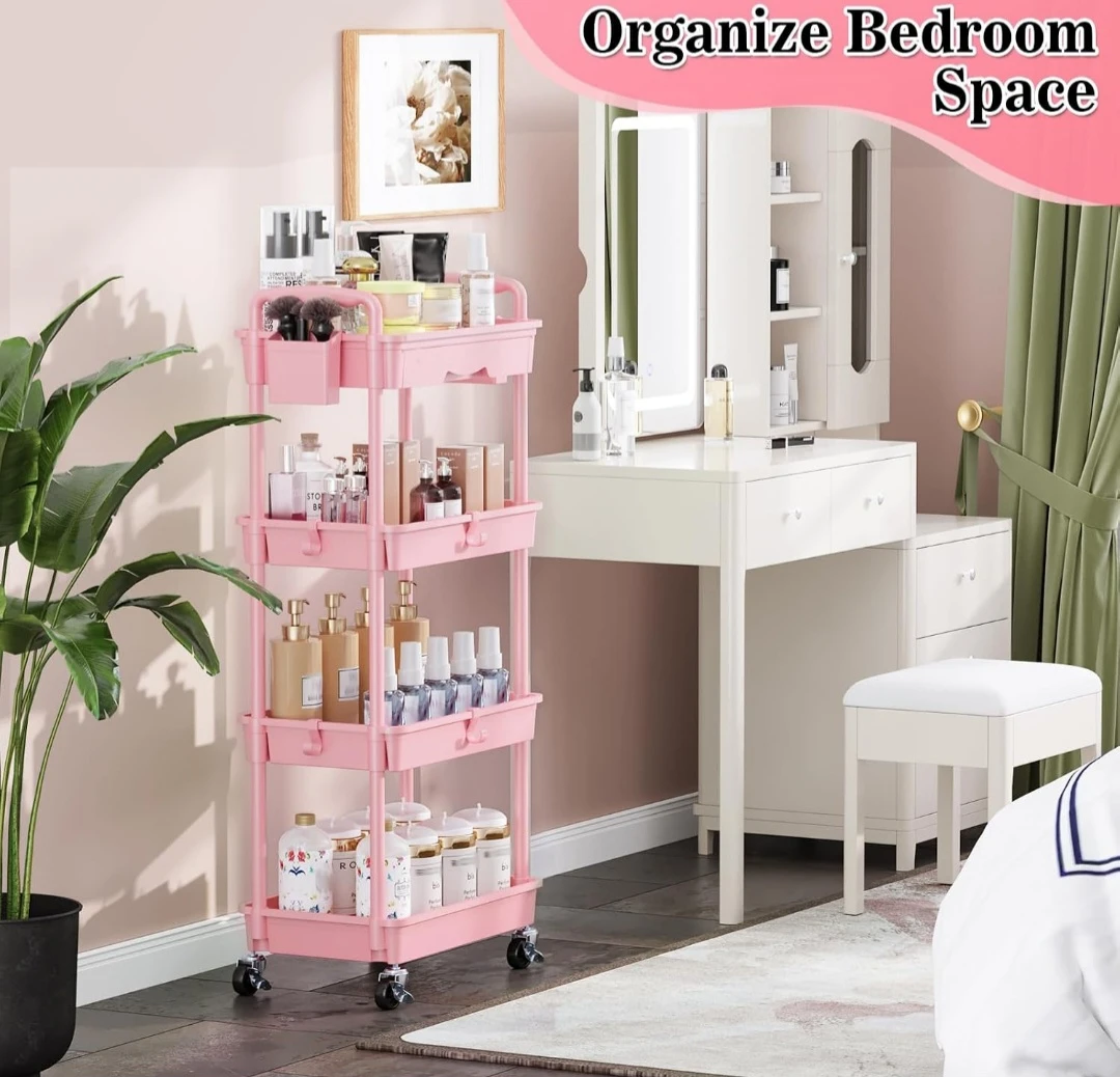 Pink 4-Tier Rolling Storage Cart with Drawer