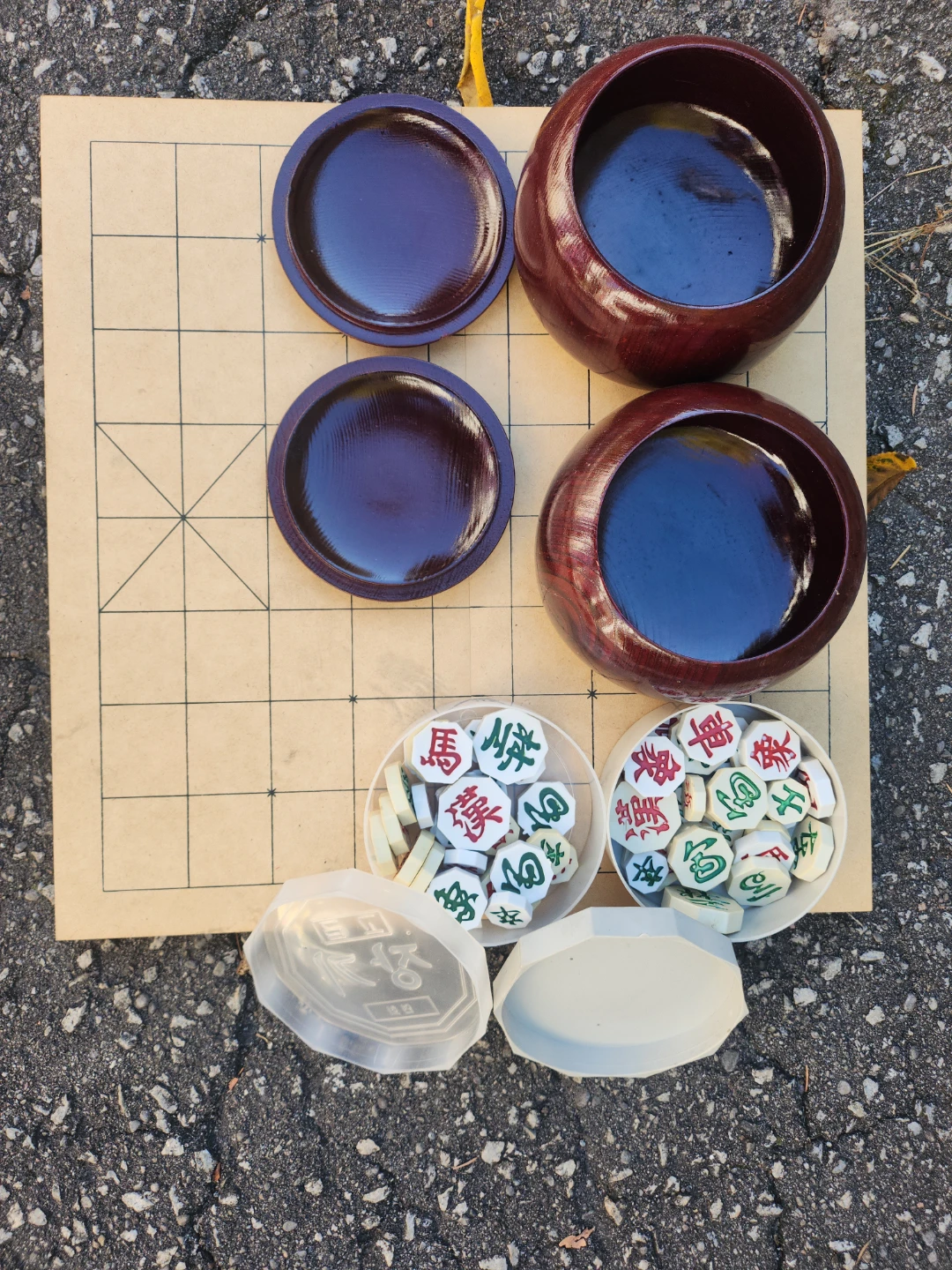Reversible Wooden Go & Janggi Board Set with Wooden Bowls
