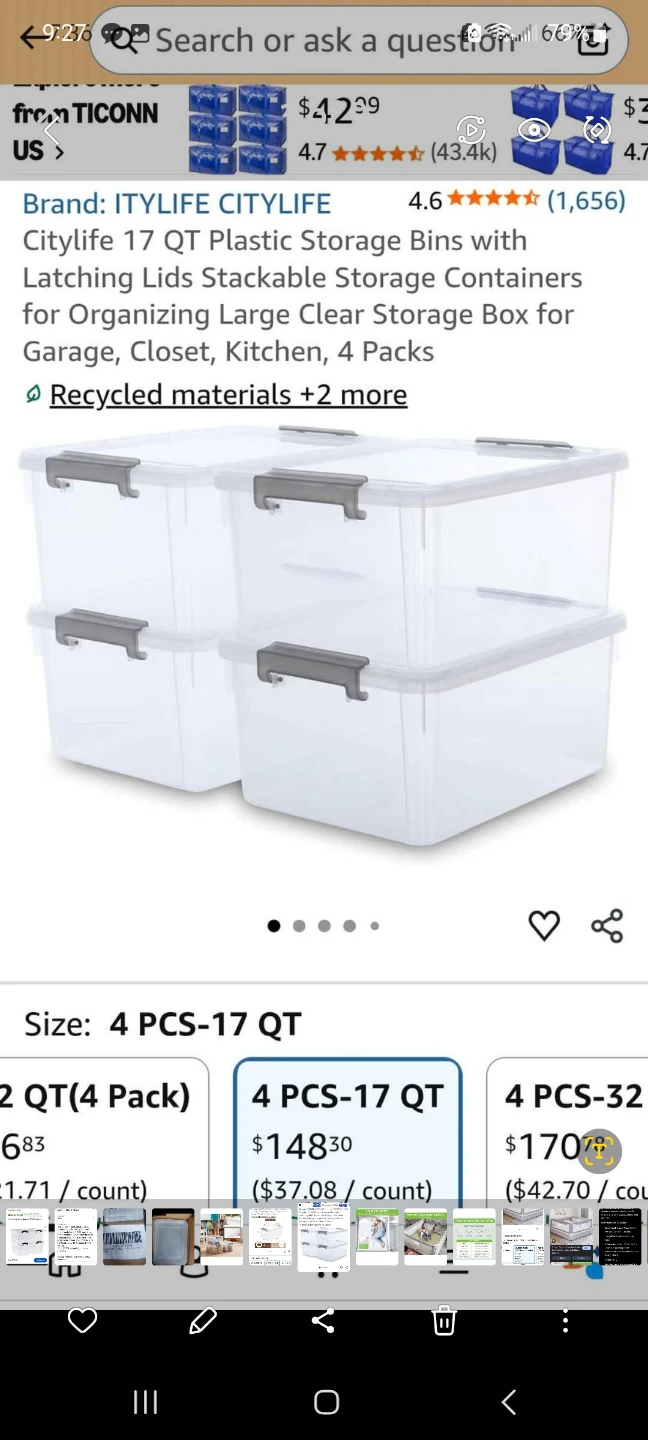 Citylife 17 QT Plastic Storage Bins, 4-Pack
