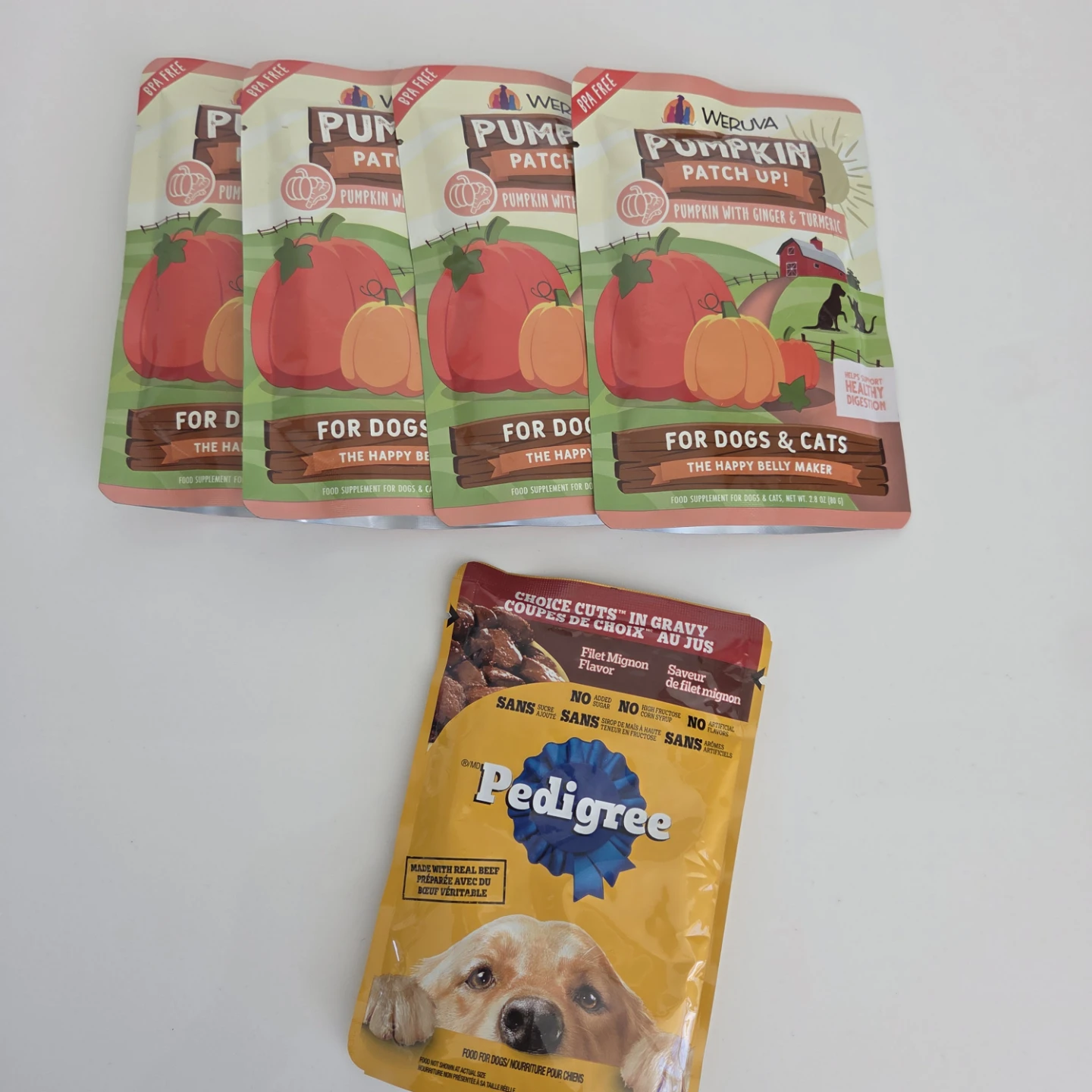 Dog Food Pouch Lot – 4x Weruva Pumpkin Patch Up! + 1x Pedigree