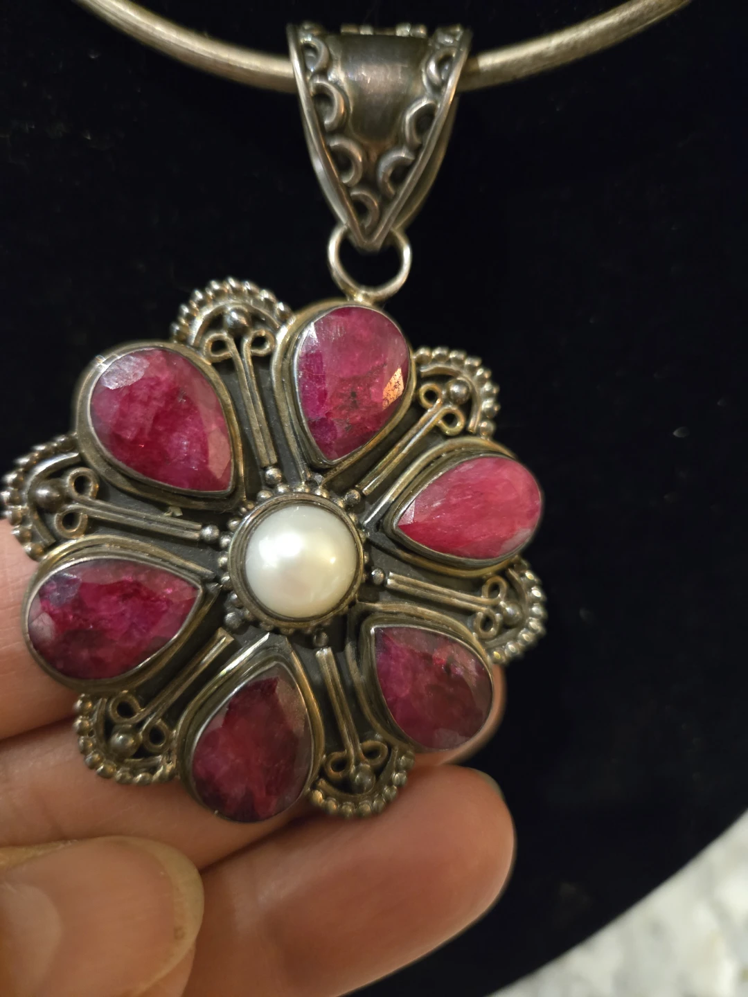 Vintage Sterling Silver Necklace with Burmise  Ruby and Pearl - photo 5