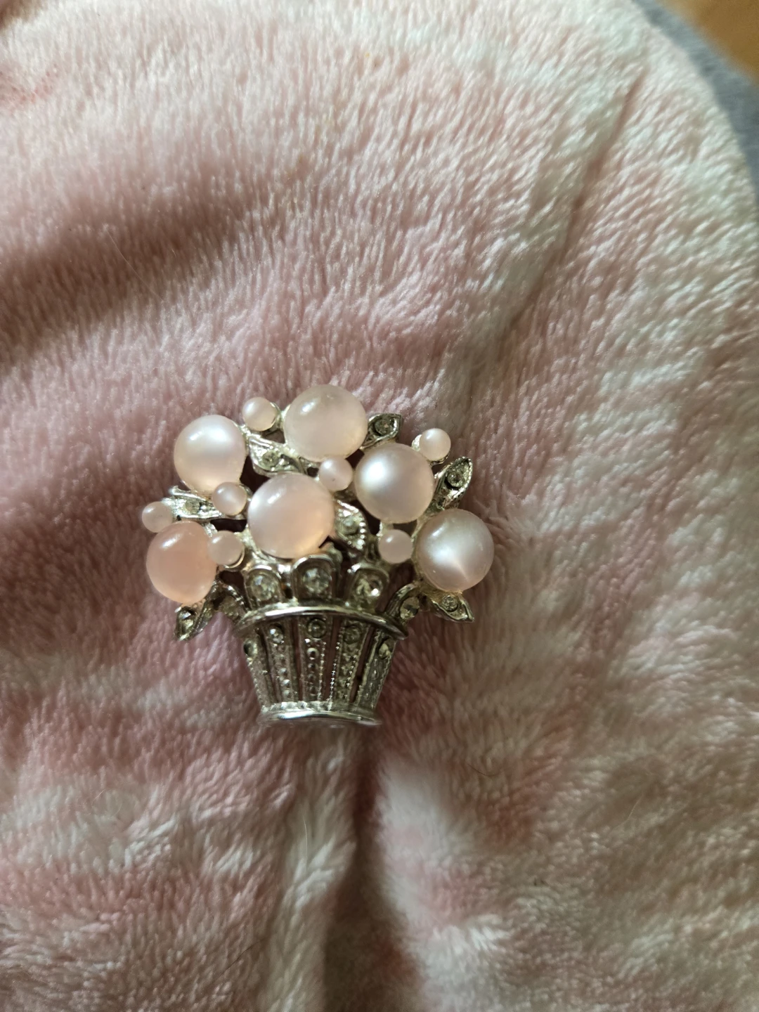 Vintage Signed Coro Pink Moonglow Flower Basket Brooch Pin