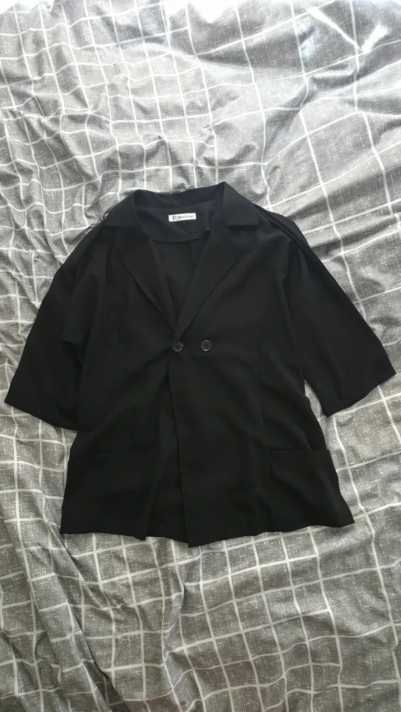 YesStyle - Black Short-Sleeved Blazer-Style Shirt