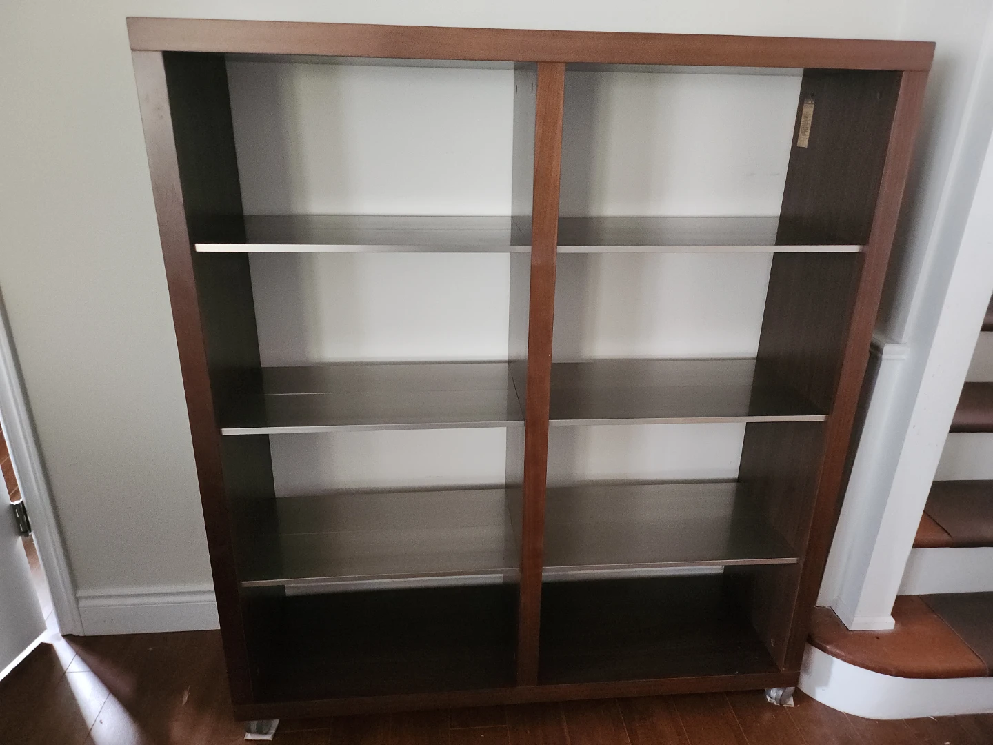 Modern Dark Wood 2-Column Bookcase/Display Shelf with wheels - photo 2