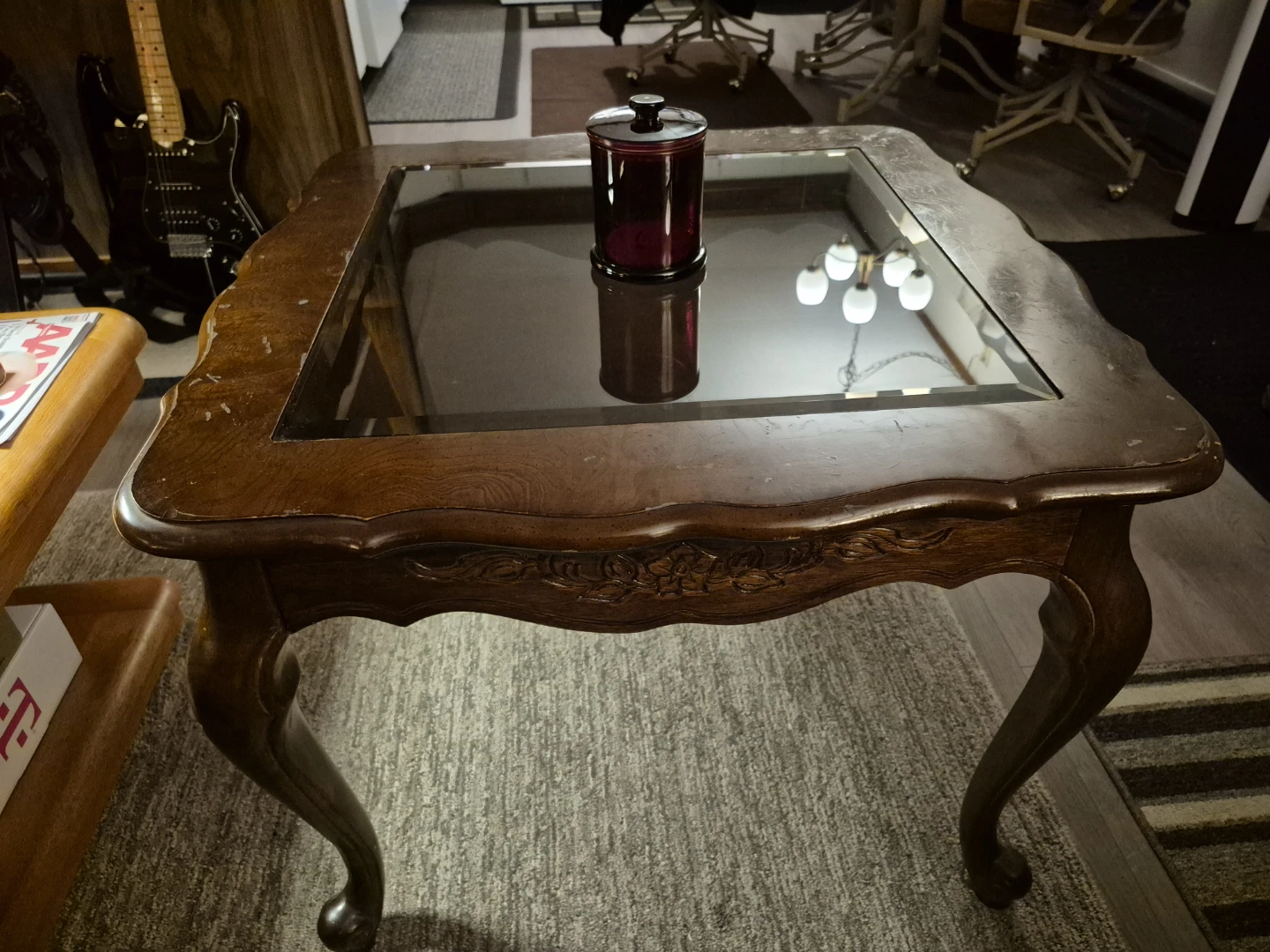 Vintage Style Wood Side Table with Glass Top