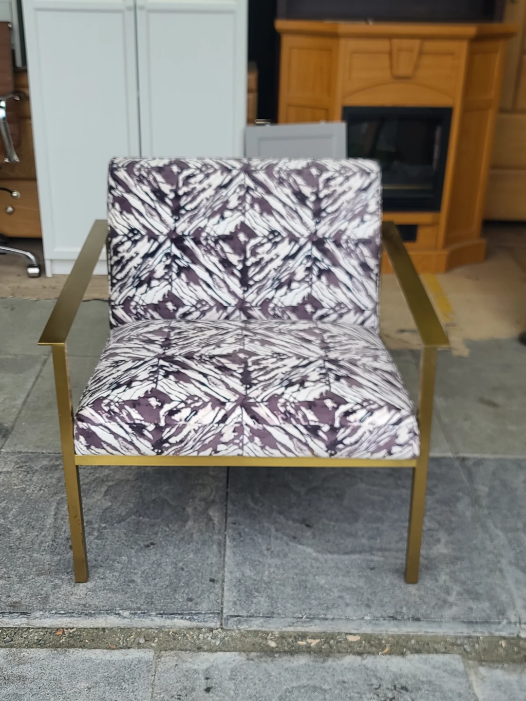 Modern Gold Frame Accent Chair with Patterned Fabric