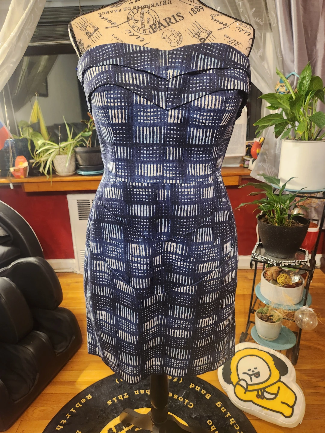 Rachel Roy Strapless Navy Blue White Linen Blend Dress
