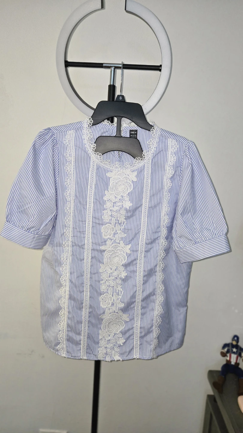 SHEIN Blue & White Striped Lace-Front Blouse
