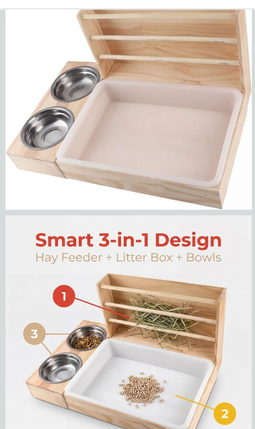 3-in-1 Wooden Pet Hay Feeder, Litter Box, and Bowls