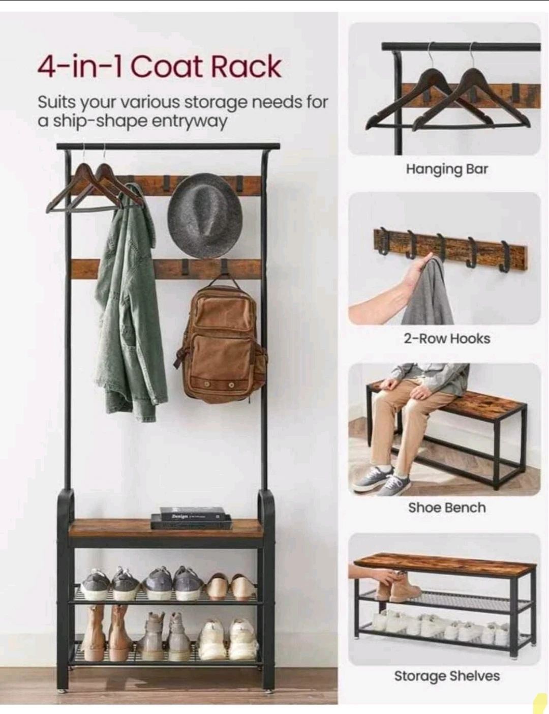4-in-1 Industrial Entryway Coat Rack and Shoe Bench - photo 3