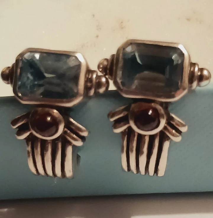 Sterling Silver 925 Blue Topaz and Garnet Gemstones Earrings - photo 2