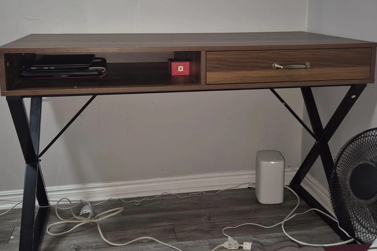 Wood Grain Writing Desk with  black metal X frame legs