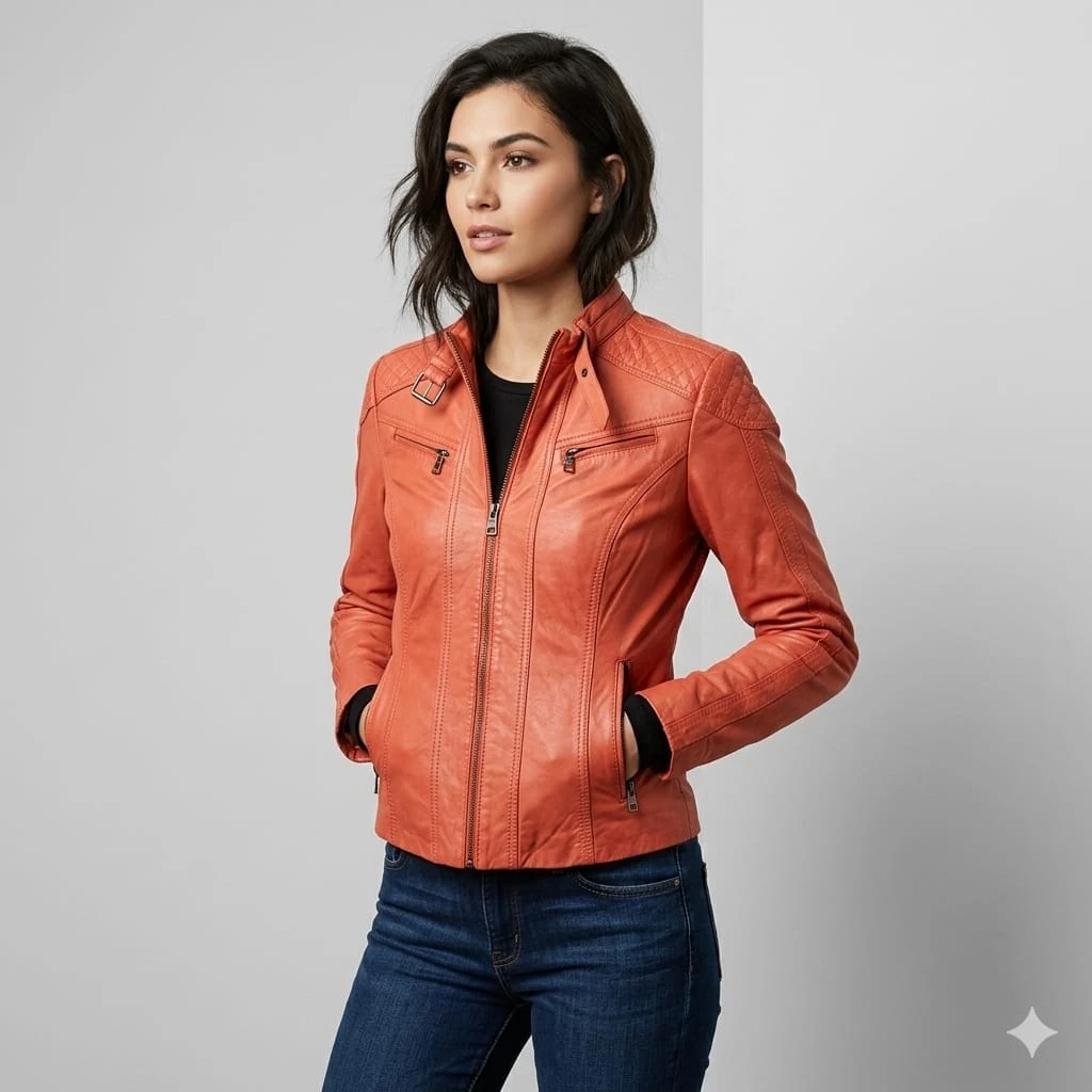 Danier Orange Quilted Faux Leather Jacket