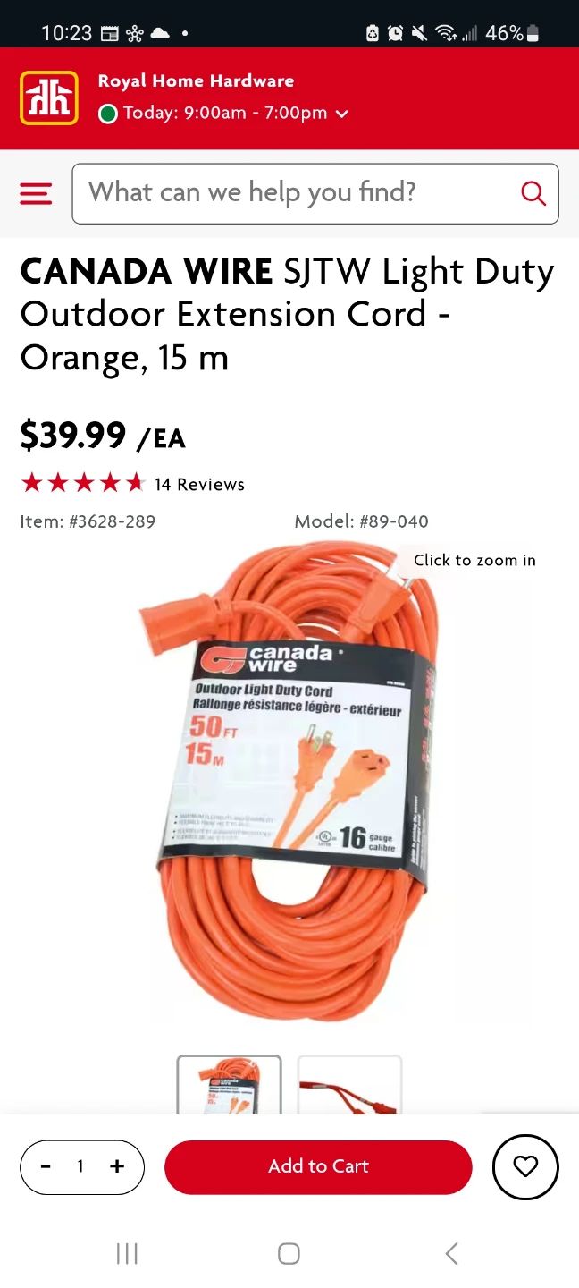 New Canada Wire SJTW Outdoor Extension Cord, 15 m