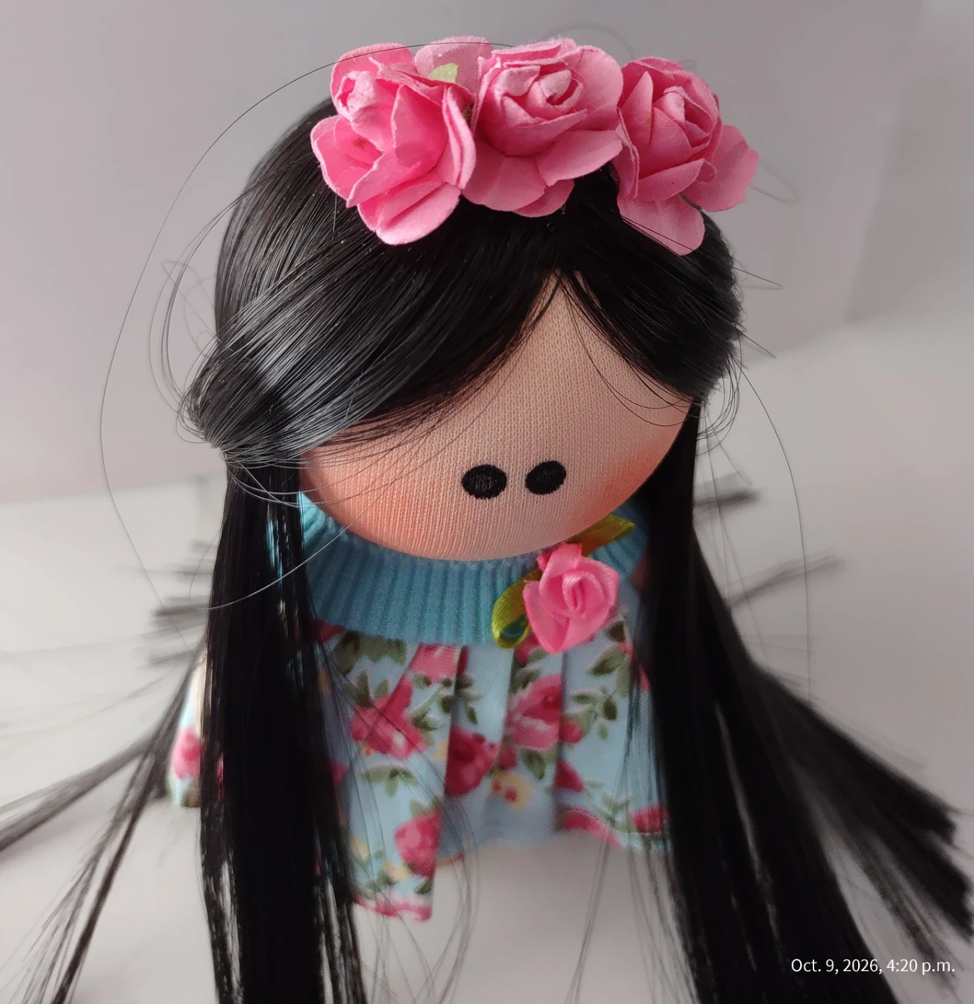 Handcrafted mini cloth doll with floral dress - photo 3