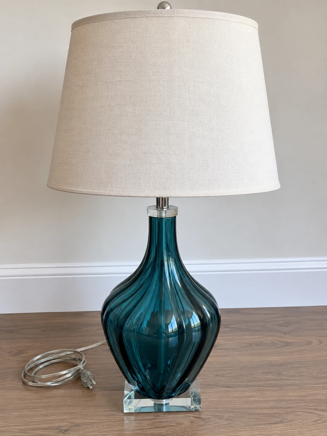 Teal Ribbed Glass Table Lamp