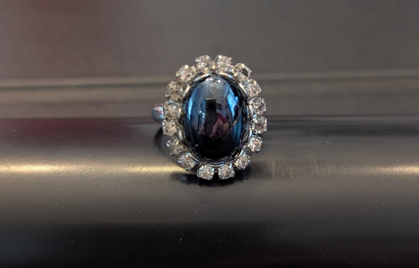 Silver Tone Hematite and Rhinestone Cocktail Ring