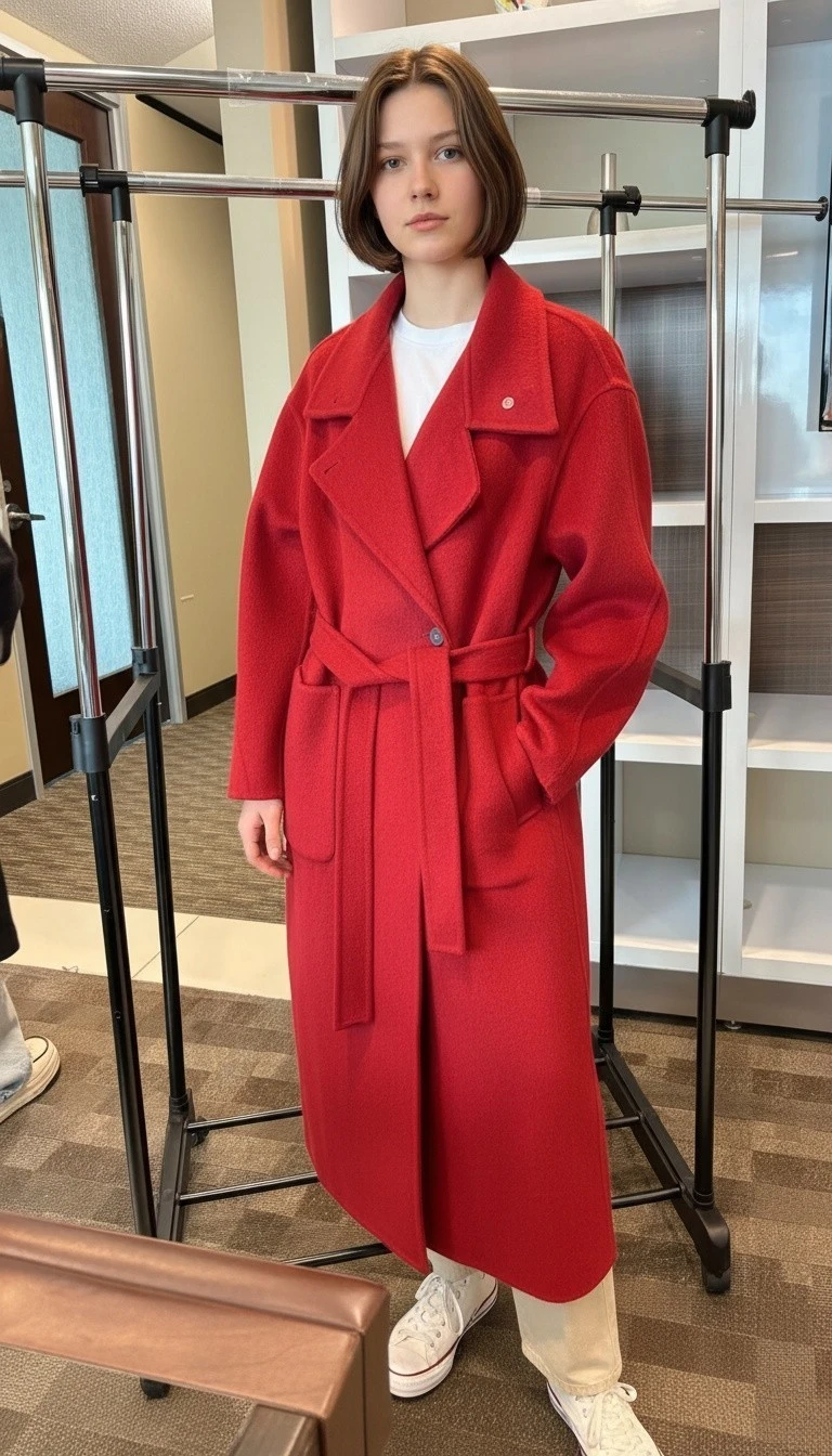 Bright Red Wool-Blend Wrap Coat