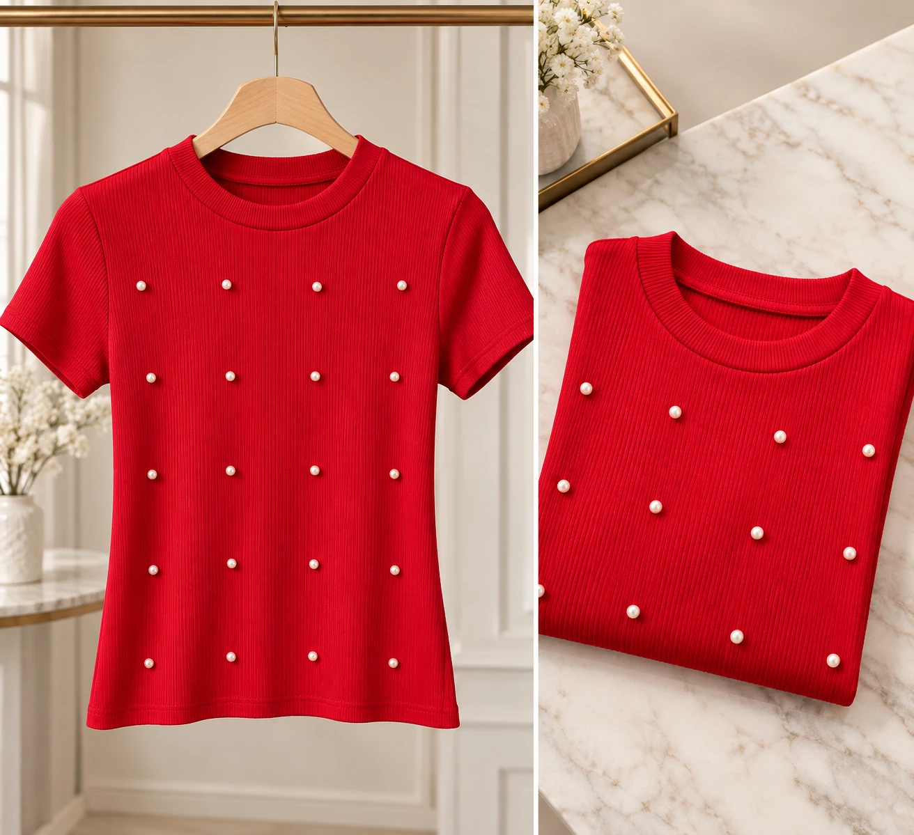 Red Ribbed Top with Pearl Detailing