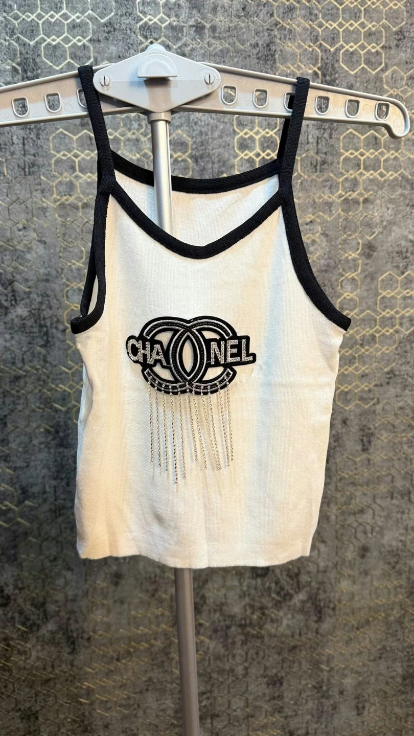 Chanel style tank top with rhinestone fringe