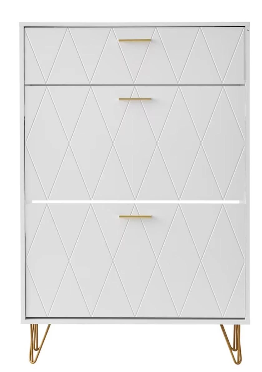 Modern White Shoe Cabinet with Gold Accents