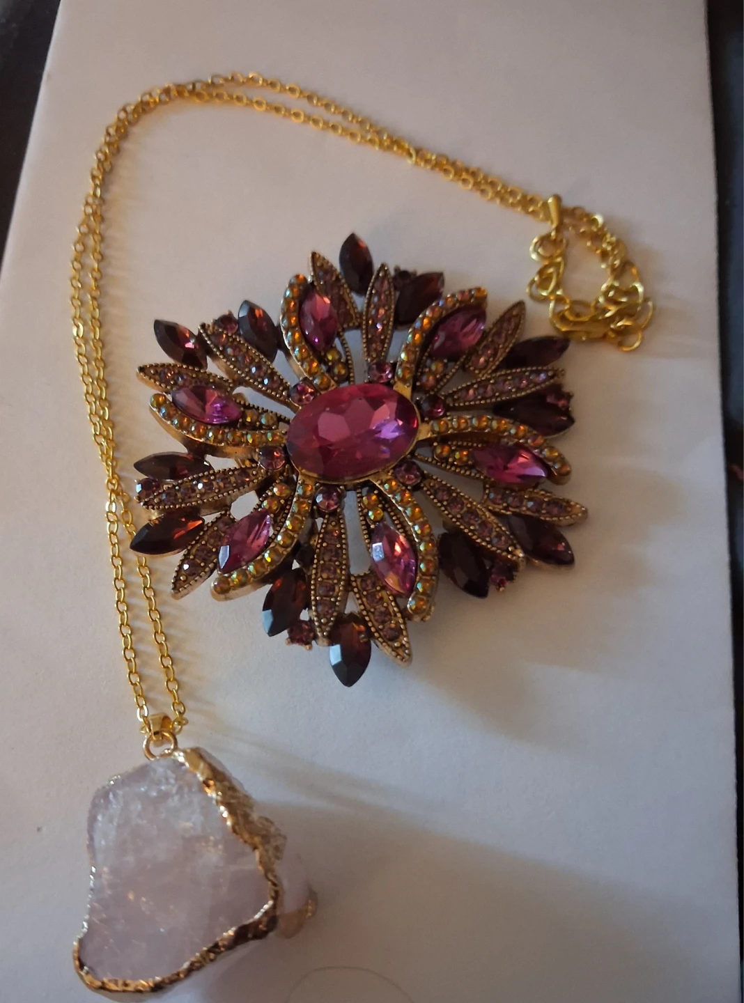 Crystal Pendant Necklace and Floral Brooch Set