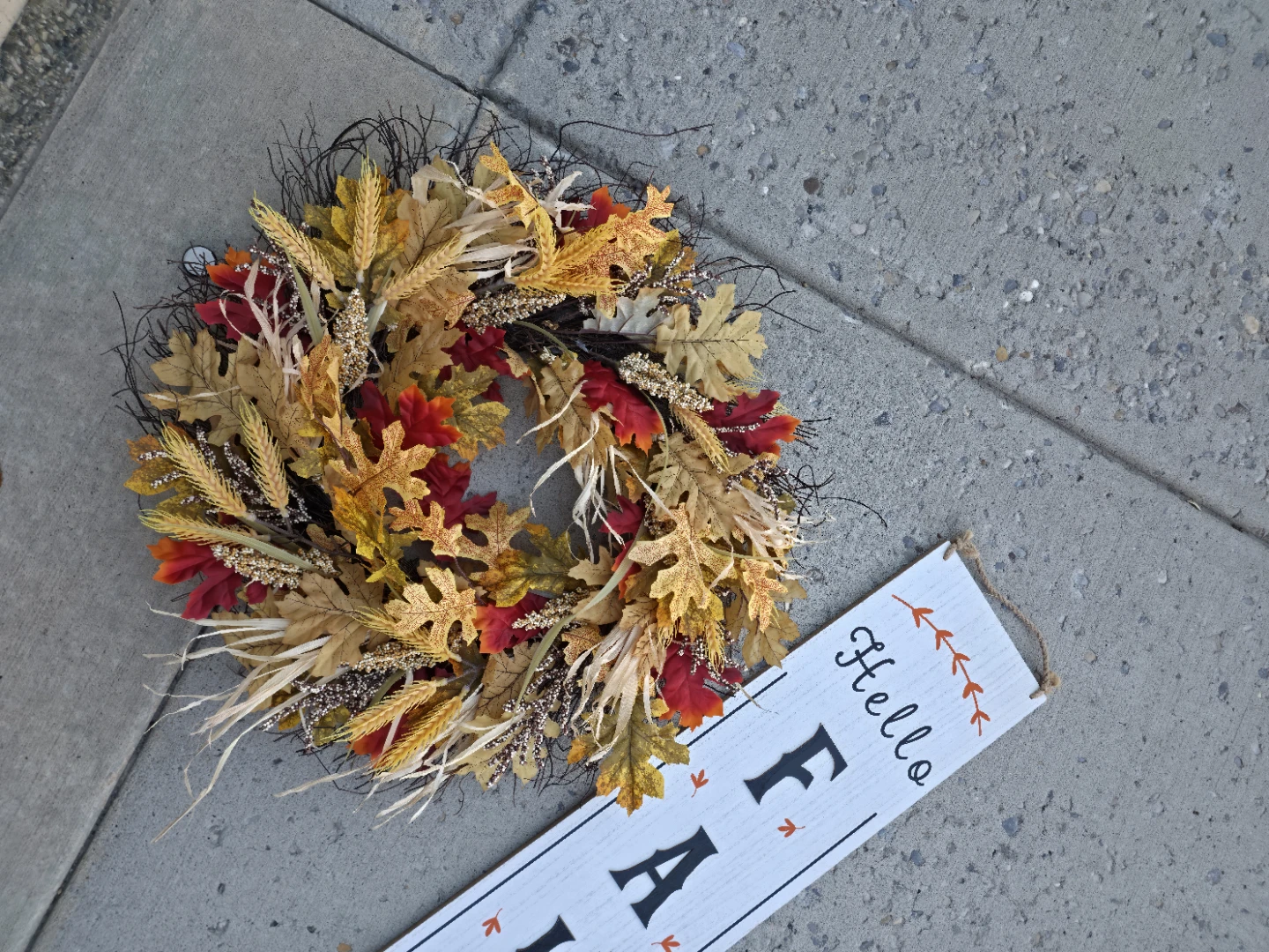 Autumn Fall Wreath and Hello Fall Hanging Sign