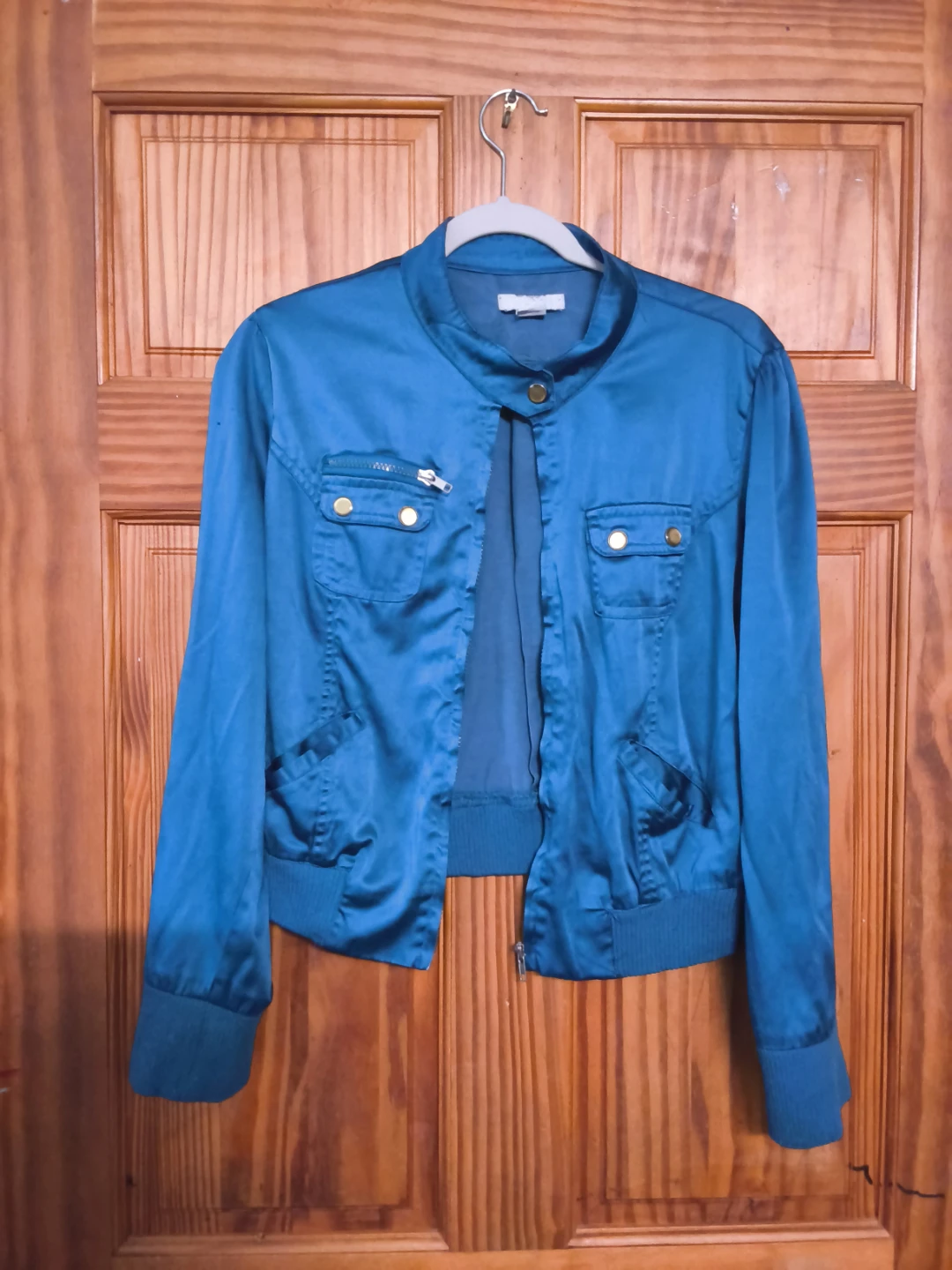 MAX Teal Satin Bomber Jacket