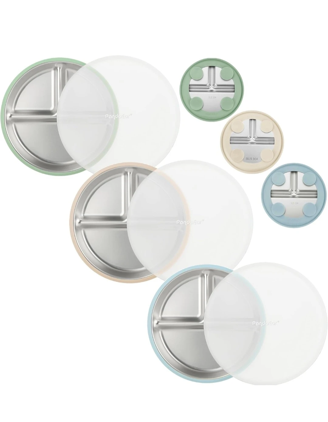 3- PandaEar Stainless Suction Plates for Baby & Toddler w/Lids