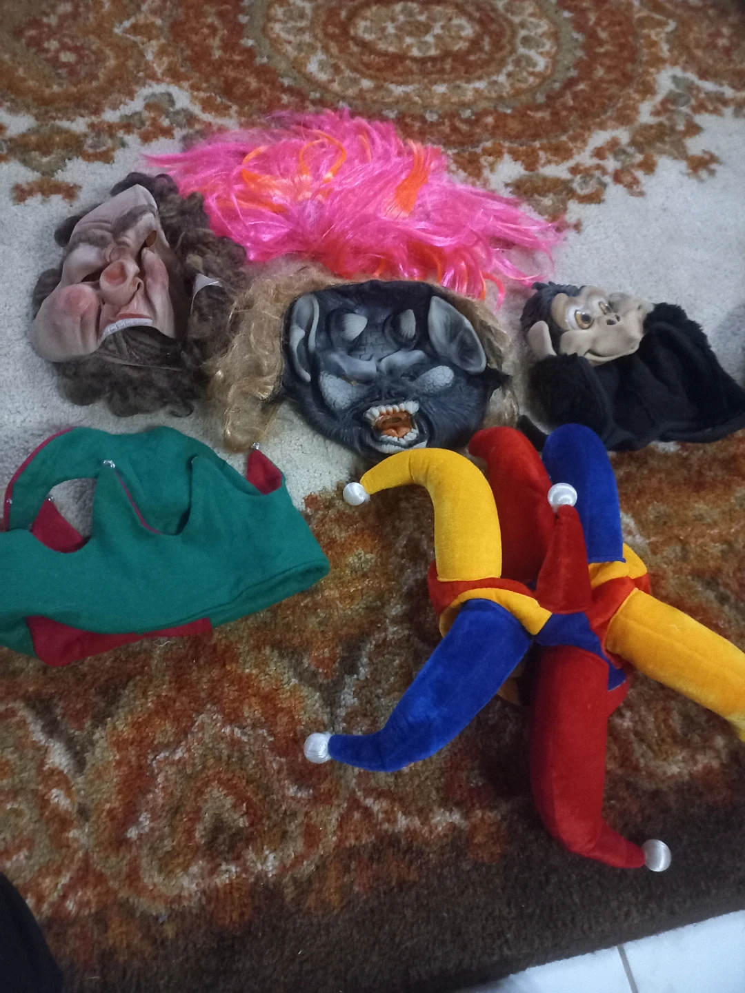 Halloween Jester Hat and Assorted Costume Masks