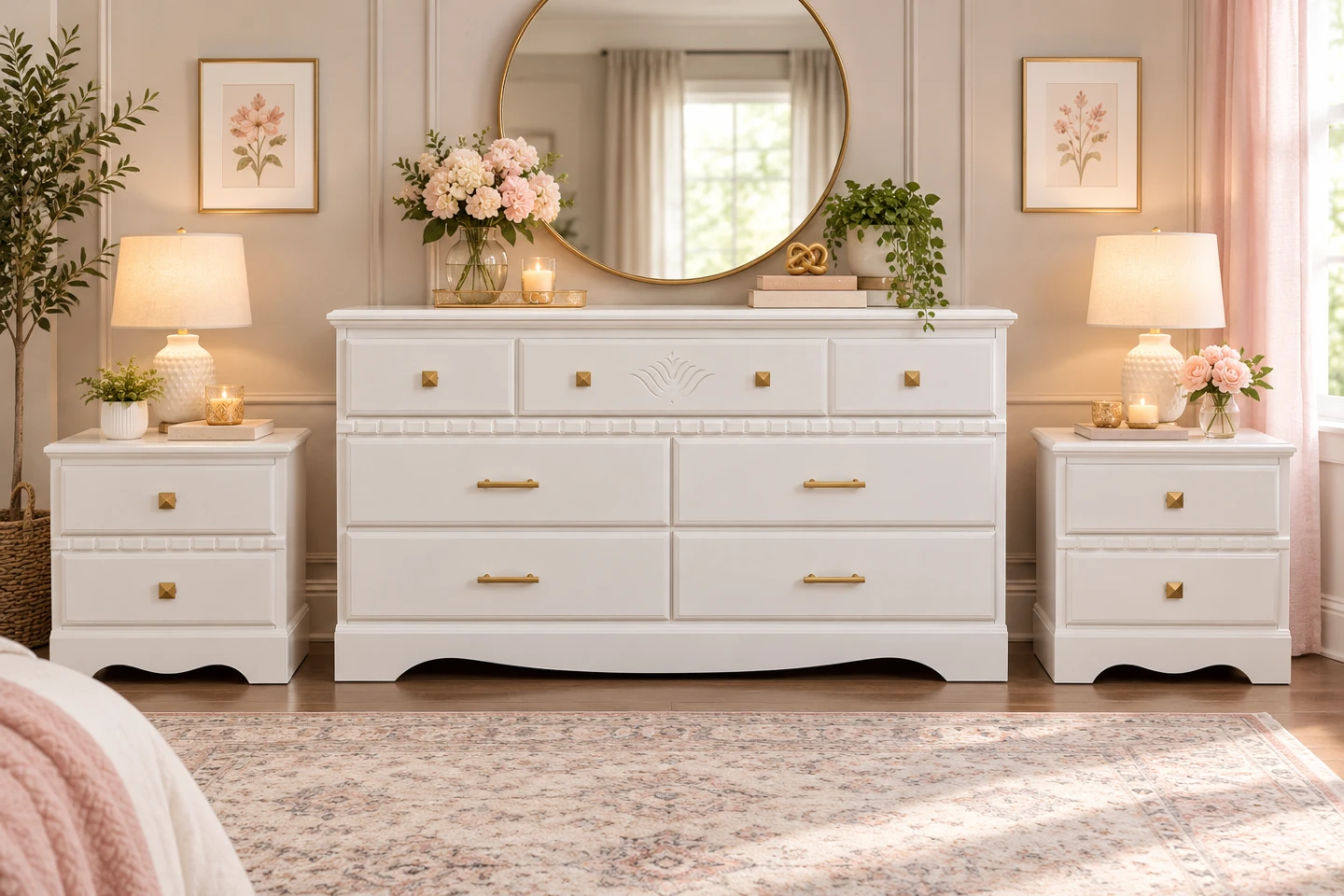 Off White 3-Piece Bedroom Dresser and Nightstand Set