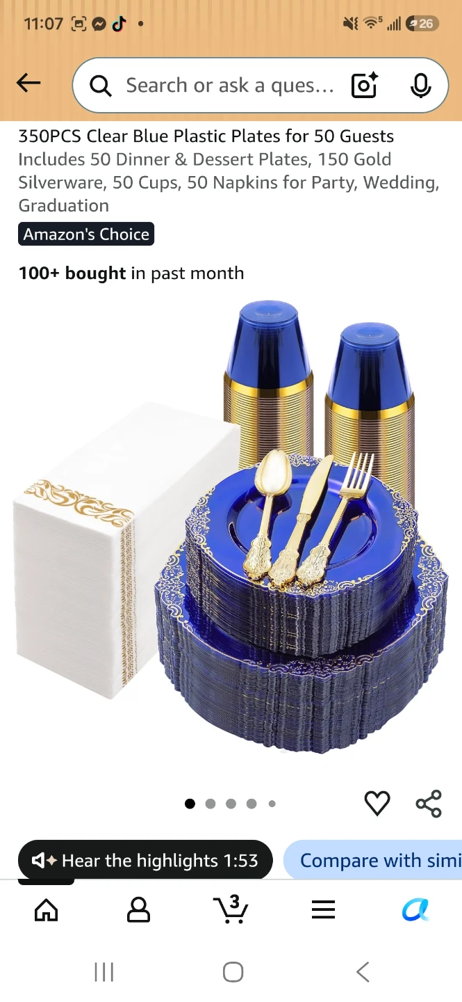 Nervure 350pc Blue Plastic Dinnerware Set for 50