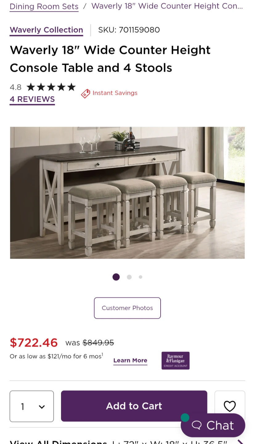 Like new, Waverly Counter Height Console Table and 4 Stools - photo 2