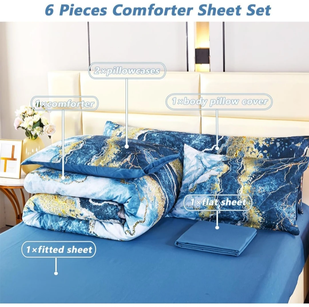 6-Piece Blue Marble Pattern Comforter Sheet Set