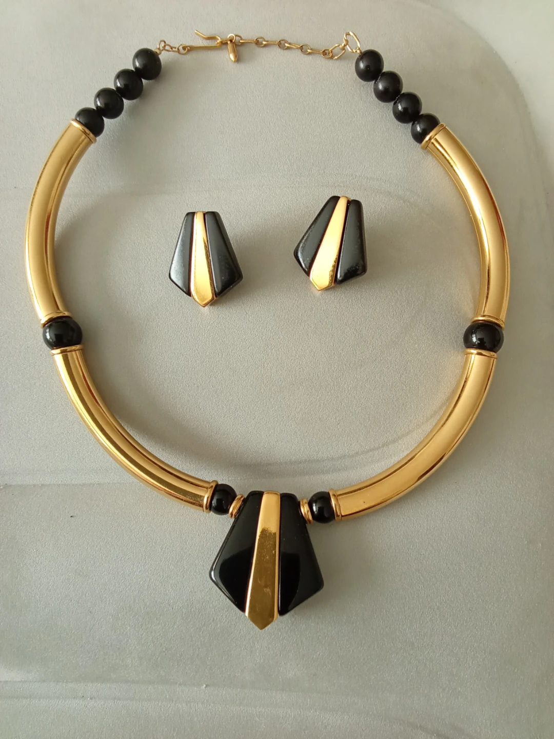 Gold-Tone and Black Statement Necklace and Earring Set