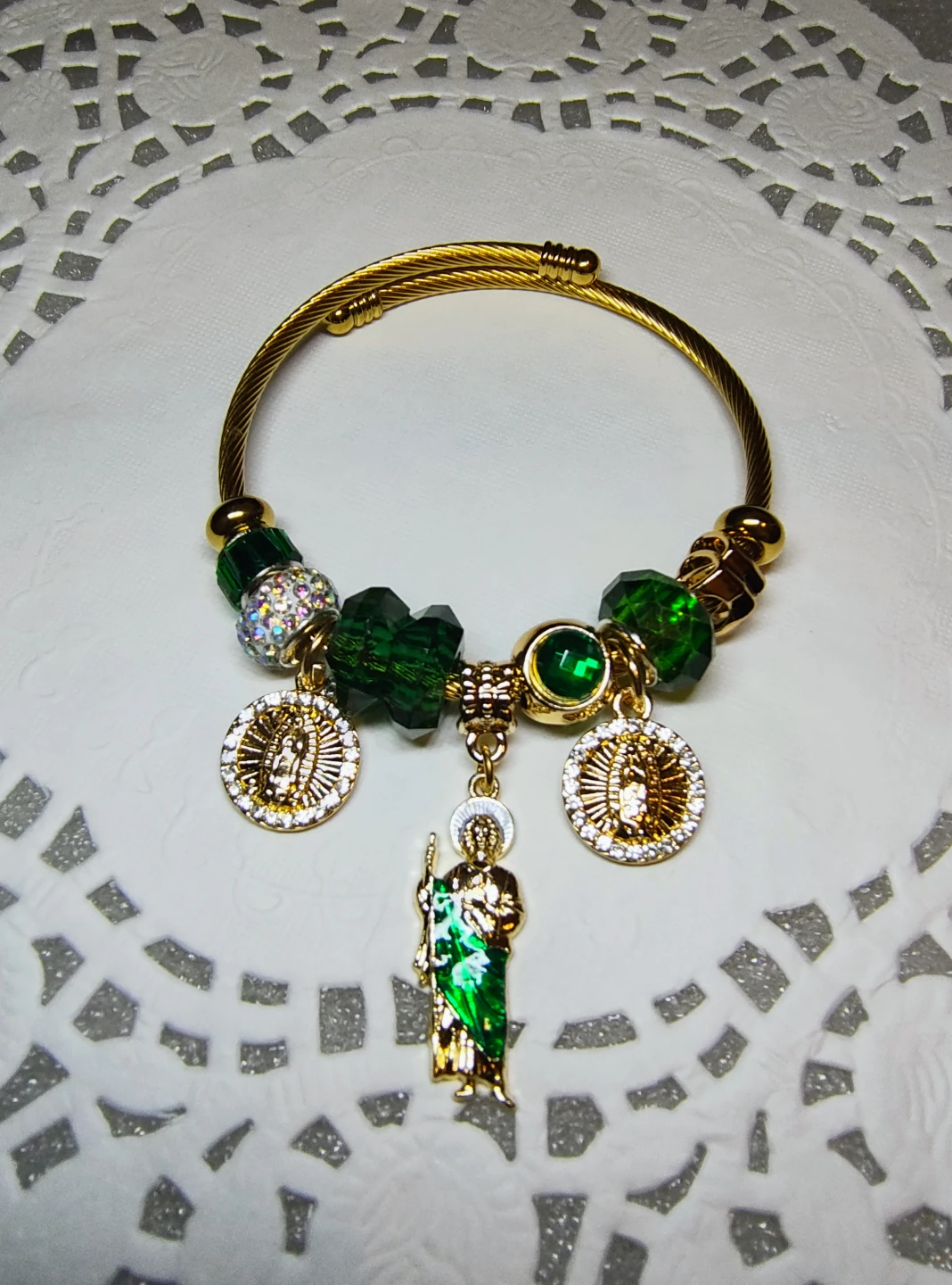 Religious Charm Bracelet with Green Beads