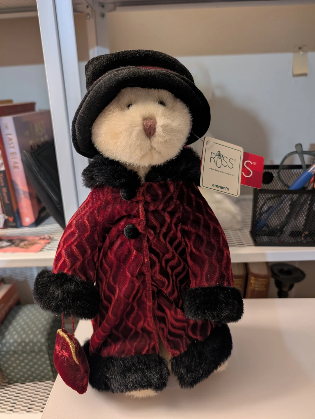 Russ Berrie Plush Teddy Bear with Burgundy Coat