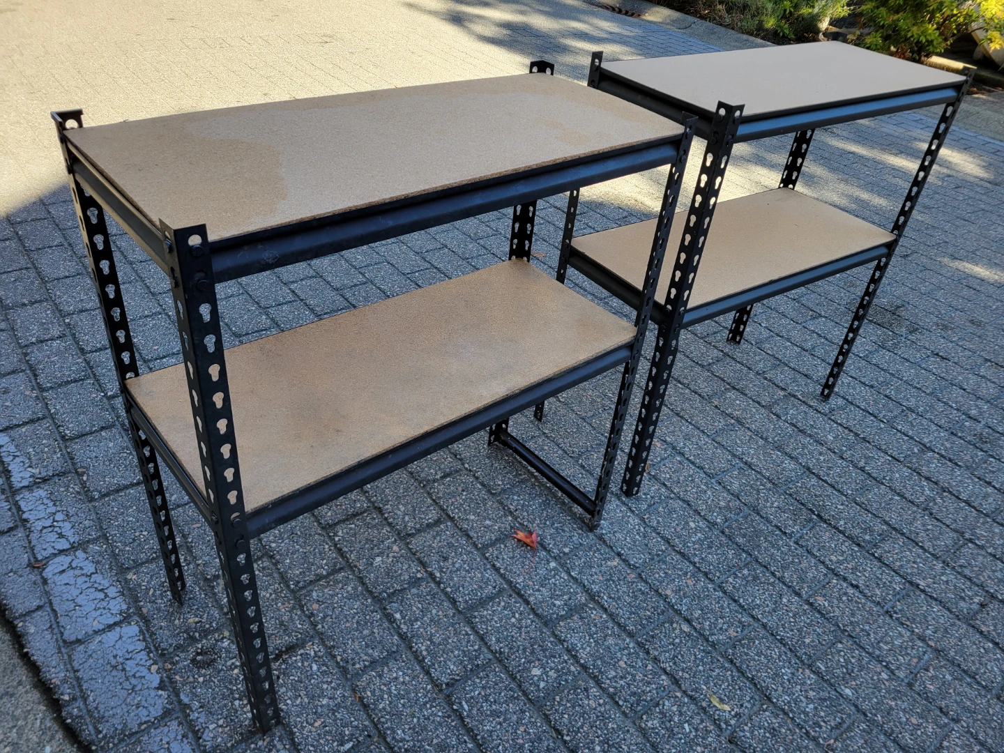 Set of 2 Metal & Wood 2-Tier Shelving Units / Workbenches