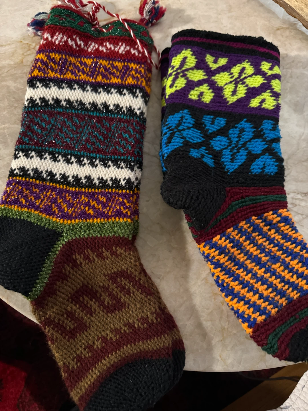 Two Hand-Knitted Wool Christmas Stockings