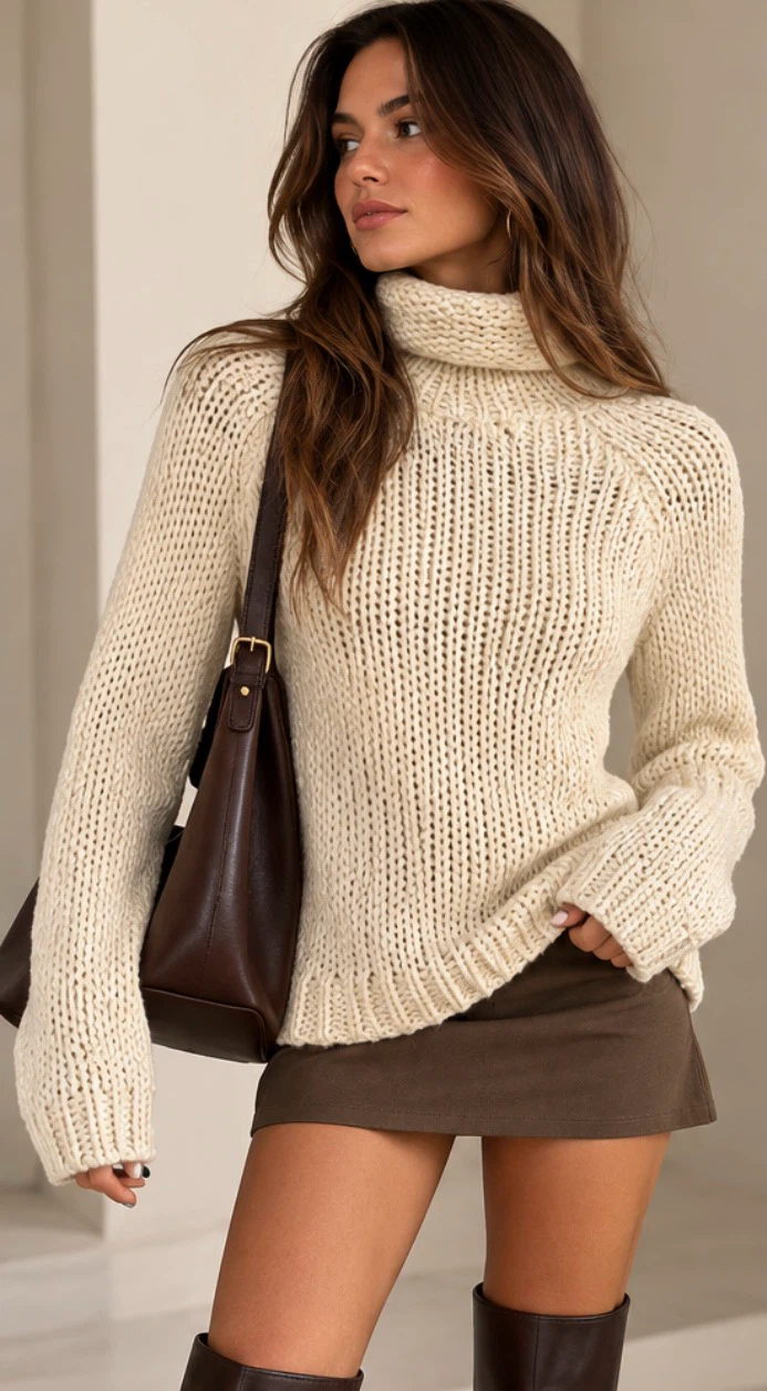 Cream Knit Turtleneck Sweater Межан апен