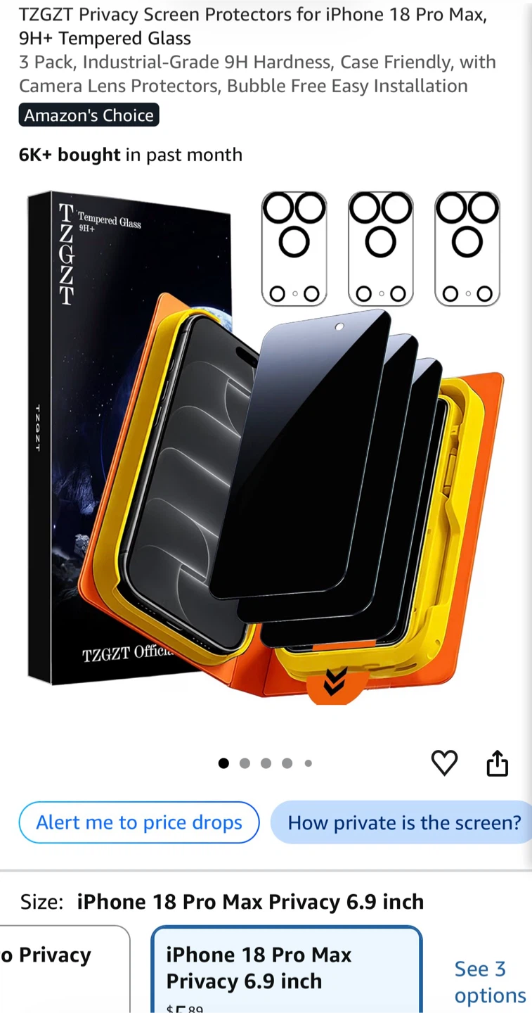 TZGZT Privacy Screen Protector 3-Pack for iPhone 18 Pro Max