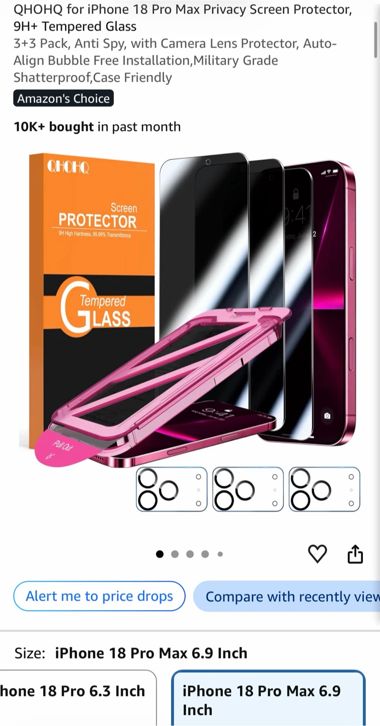QHOHQ Privacy Screen Protector for iPhone 18 Pro Max