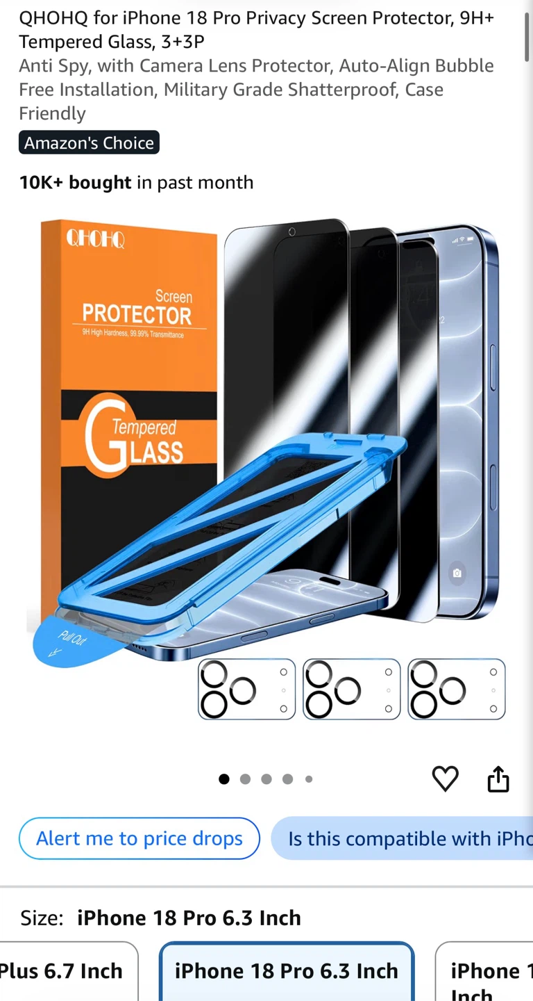 QHOHQ Privacy Screen Protector for iPhone 18 Pro
