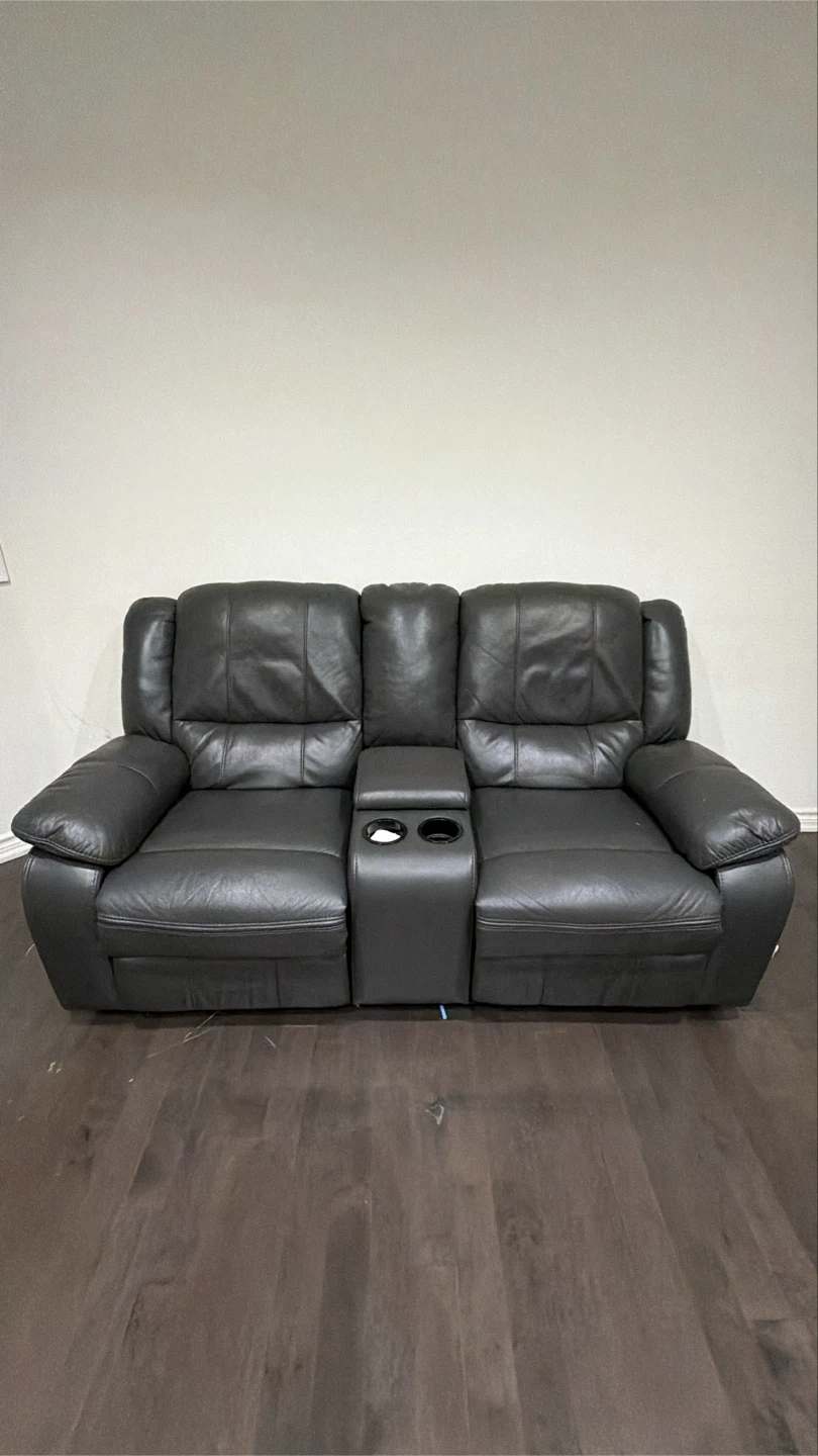 Two-Piece Dark Gray Leather Reclining Sofa Set - photo 2