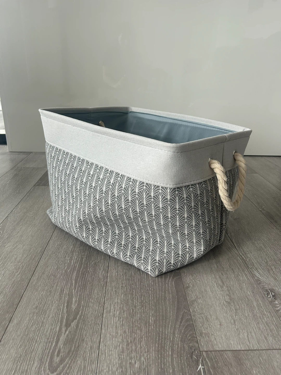 Gray and White Patterned Fabric Storage Bin