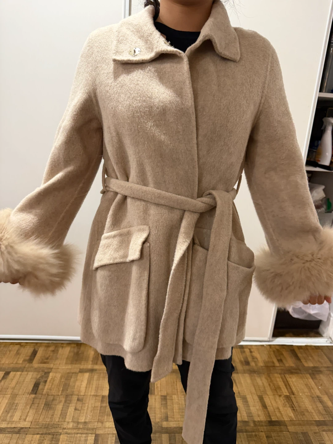 Wool & Alpaca Coat with Genuine Fox Fur Cuffs – Size 4
