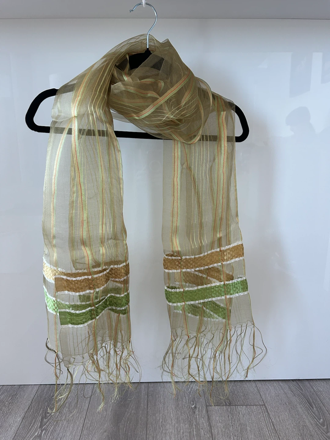 Sheer Striped Scarf with Tassels